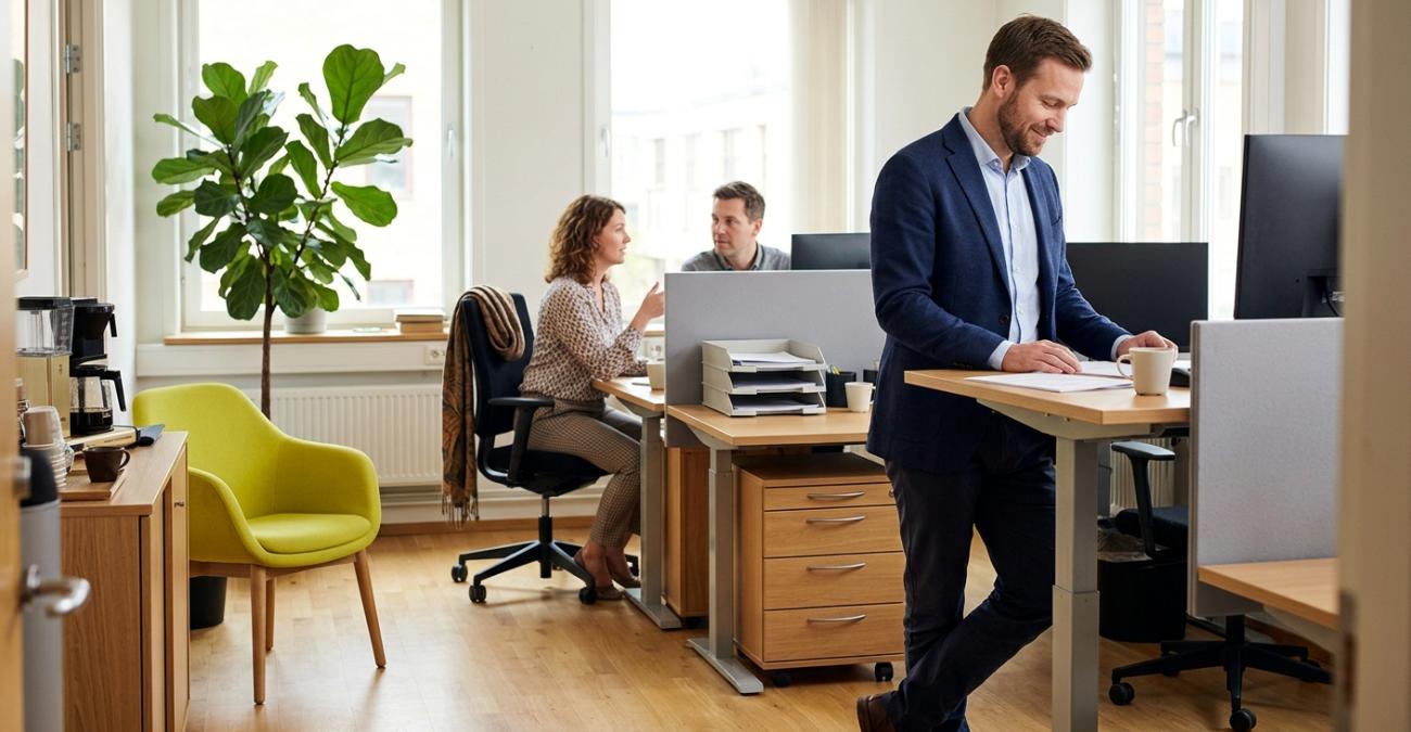 Mann am Stehschreibtisch in einem hellen Verwaltungsbüro, im Hintergrund unterhalten sich zwei Personen. Sinnbild für den störungsfreien Betrieb, den eine SIEM-Anbindung im Verborgenen absichert.
