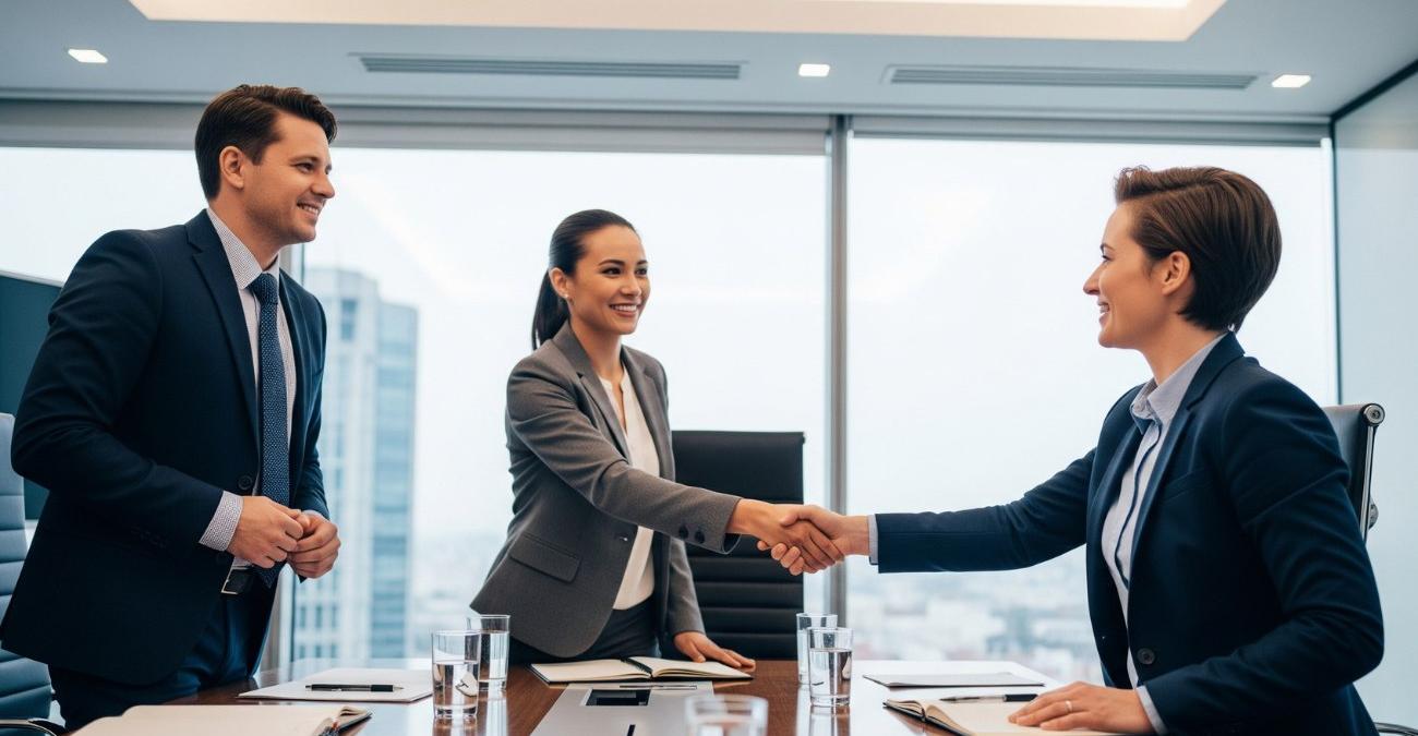Büro mit großer Fensterfront. Ein Mann und zwei Frauen sind beim Business Meeting. Die Frauen schütteln sich die Hand und besiegeln das neue SLA für Softwarewartung.