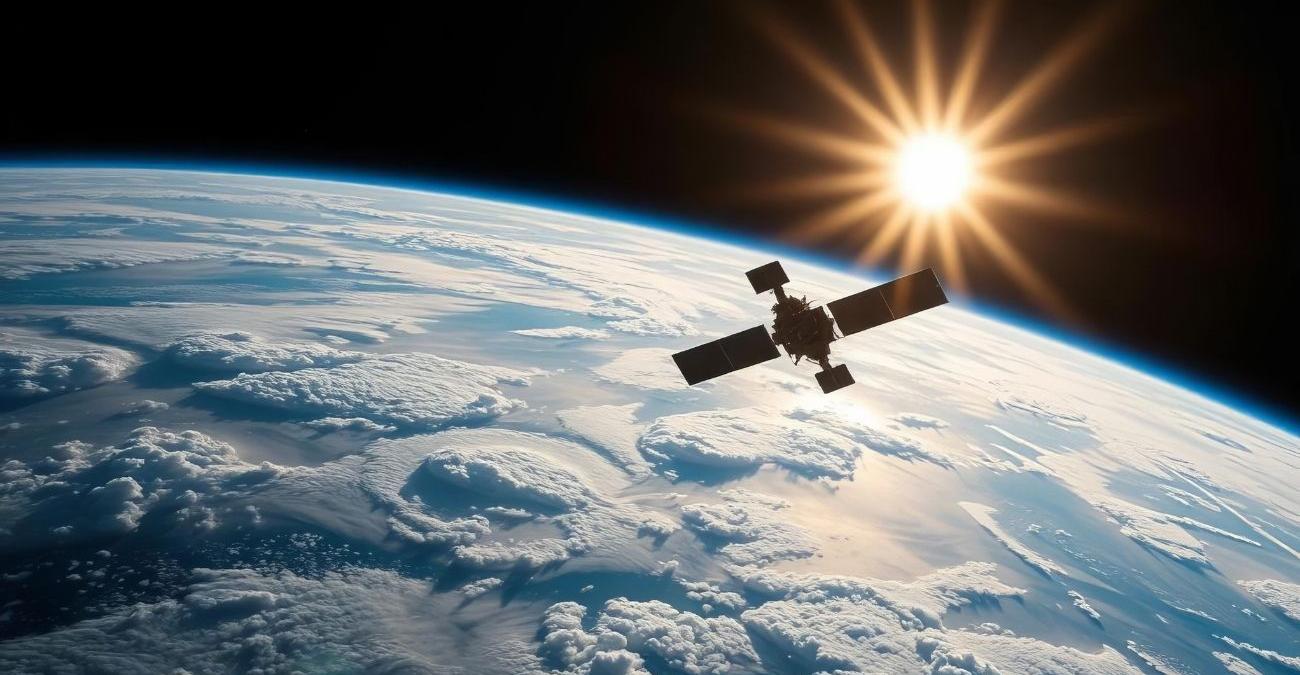 Ein Satellit beobachtet aus dem Orbit die blau leuchtende Erde - Sinnbild für Software für Erdbeobachtung und Fernerkundung, die Satellitendaten nutzbar macht.