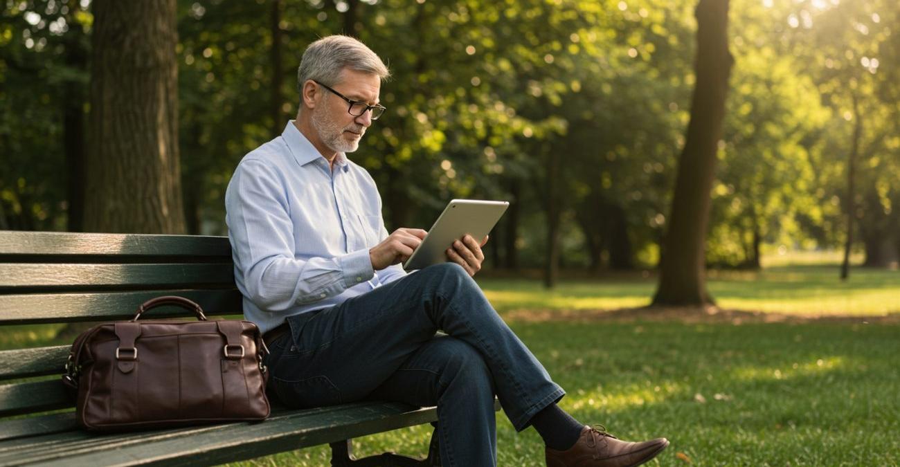 Ein Mann mittleren Alters sitzt entspannt auf einer Parkbank. Er hat sein Tablet auf dem Schoß und regelt damit seine Geschäfte entspannt dank einer individuellen Software für Finanzdienstleister.