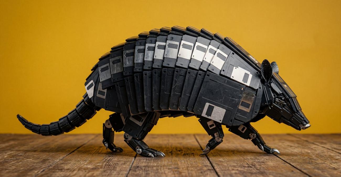 Warmer, gelber Hintergund. Auf einem Dielenboden läuft ein Gürteltier, dessen Panzer zur Gänze aus Floppy Disks besteht, von links nach rechts durchs Bild. Das steht symbolisch für die Software-Migration.