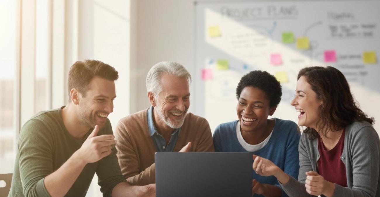 Mitarbeitende einer NGO sitzen gemeinsam vor einem Laptop und besprechen die Anforderungen ihrer neuen Vereinssoftware.