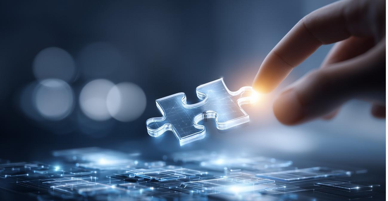 Eine Hand positioniert ein leuchtendes Puzzlestück in ein digitales Raster. Eine Symbolbild für die Komplexität von Software-Wartung für Behörden.