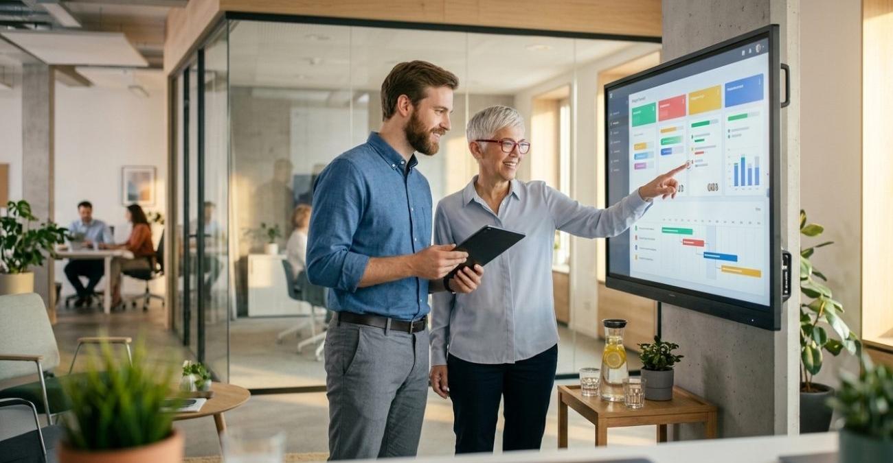 Ein jüngerer Mitarbeiter und eine erfahrene Kollegin arbeiten lächelnd zusammen an einem großen Touch-Monitor in einem hellen, modernen Verwaltungsbüro – eine Darstellung für benutzerfreundliche und souveräne Software für Behörden im Arbeitsalltag.