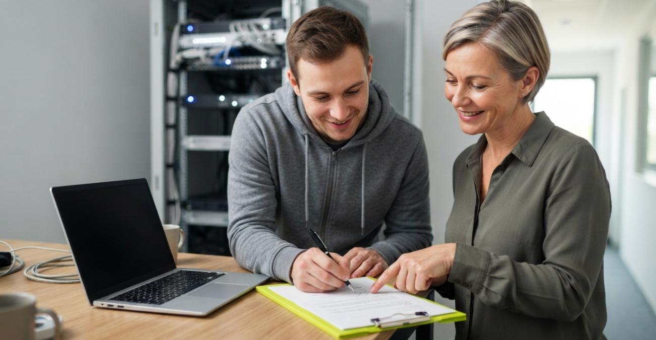 Ein IT-Techniker unterschreibt vor einem Serverschrank eine Erklärung auf einem gelbgrünen Klemmbrett, die Einrichtungsleiterin zeigt auf die Unterschriftszeile, der Laptop daneben bleibt aus. Sinnbild dafür, dass Dienstleister vor dem ersten Zugriff auf Sozialdaten zur Geheimhaltung verpflichtet werden.