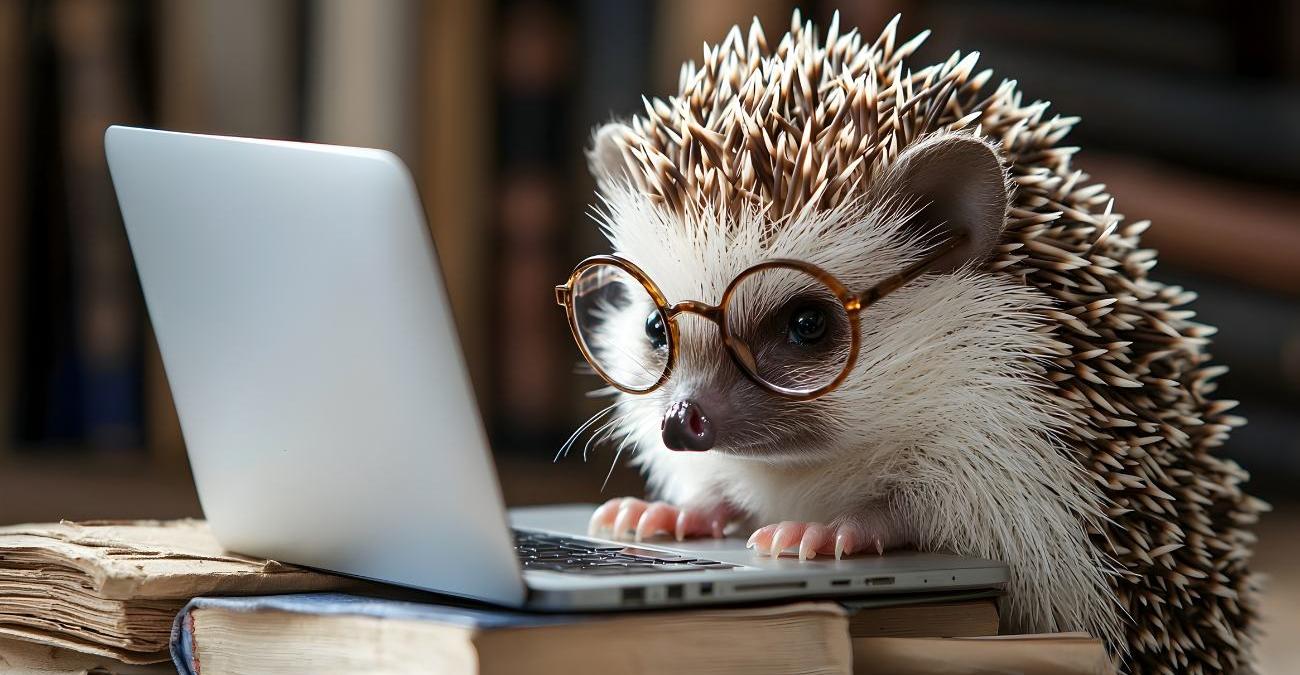 Ein Igel mit Brille sitzt an einem Notebook und arbeitet an einem Supportvertrag für Softwareanwendungen.