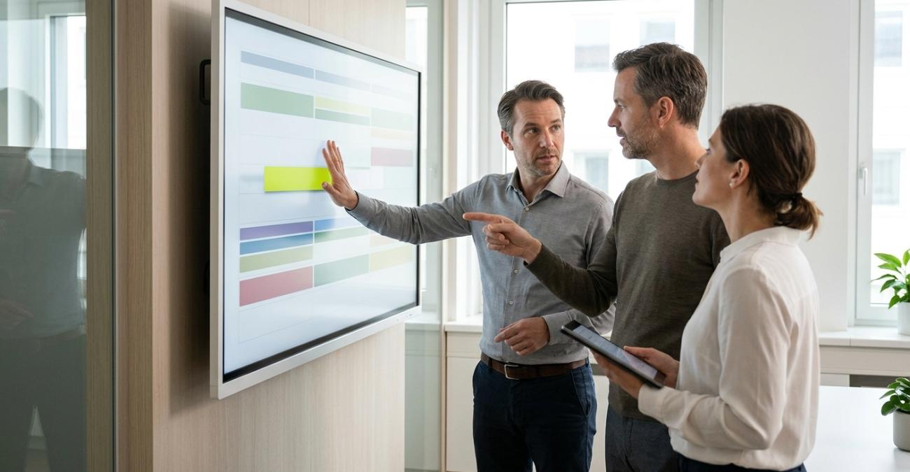 Drei Personen vor einem wandmontierten Touchdisplay mit einer Zeitplanung aus farbigen Balken. Eine Person schiebt einen grünen Balken nach links und deutet dabei zu den Kollegen, Sinnbild für die Rückwärtsplanung vom Support-Ende zum Projektstart.