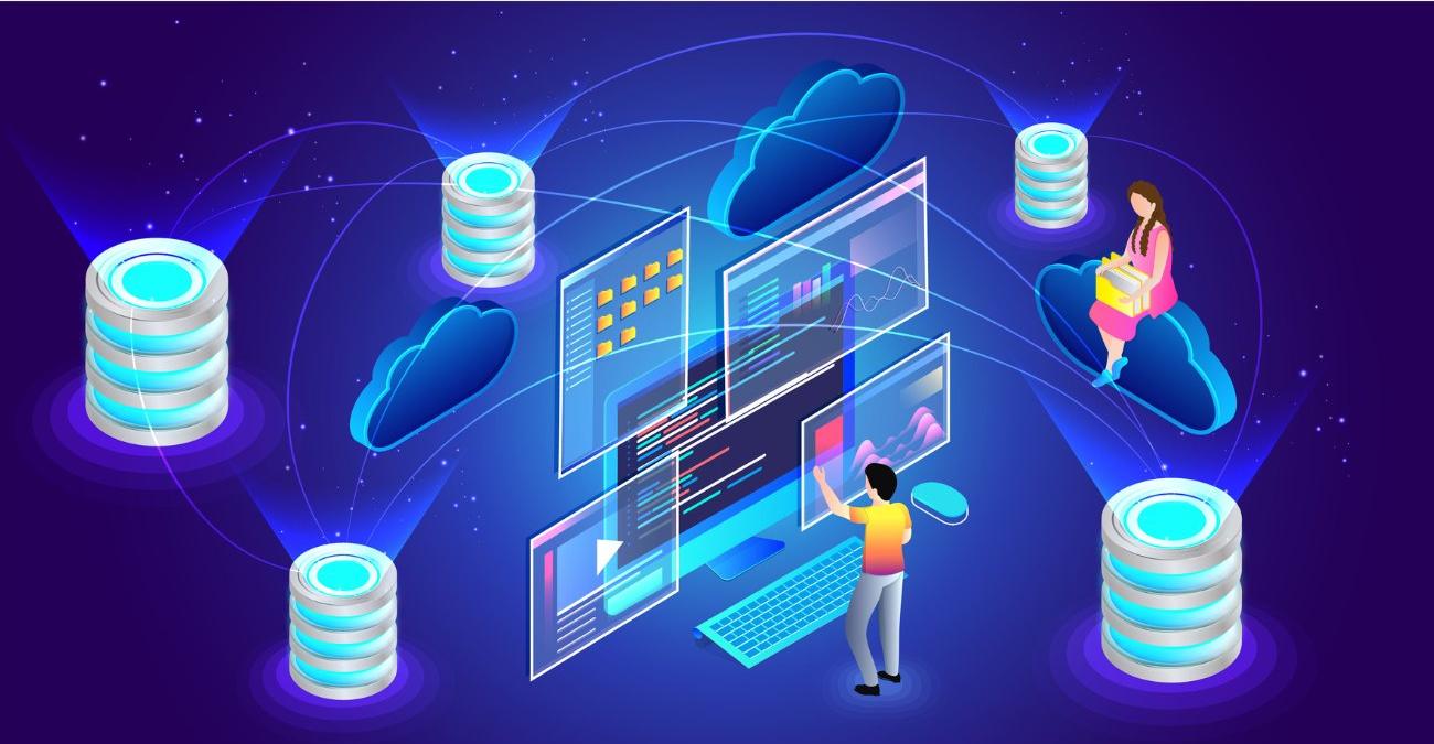 Eine bunte Grafik mit Wolken als Cloudsymbolen und stilisierte Bildschirmansichten. Eine Programmiererin sitzt auf einer Cloud. Ihr Kollege steht vor den Screens für das Typo3 Hosting.