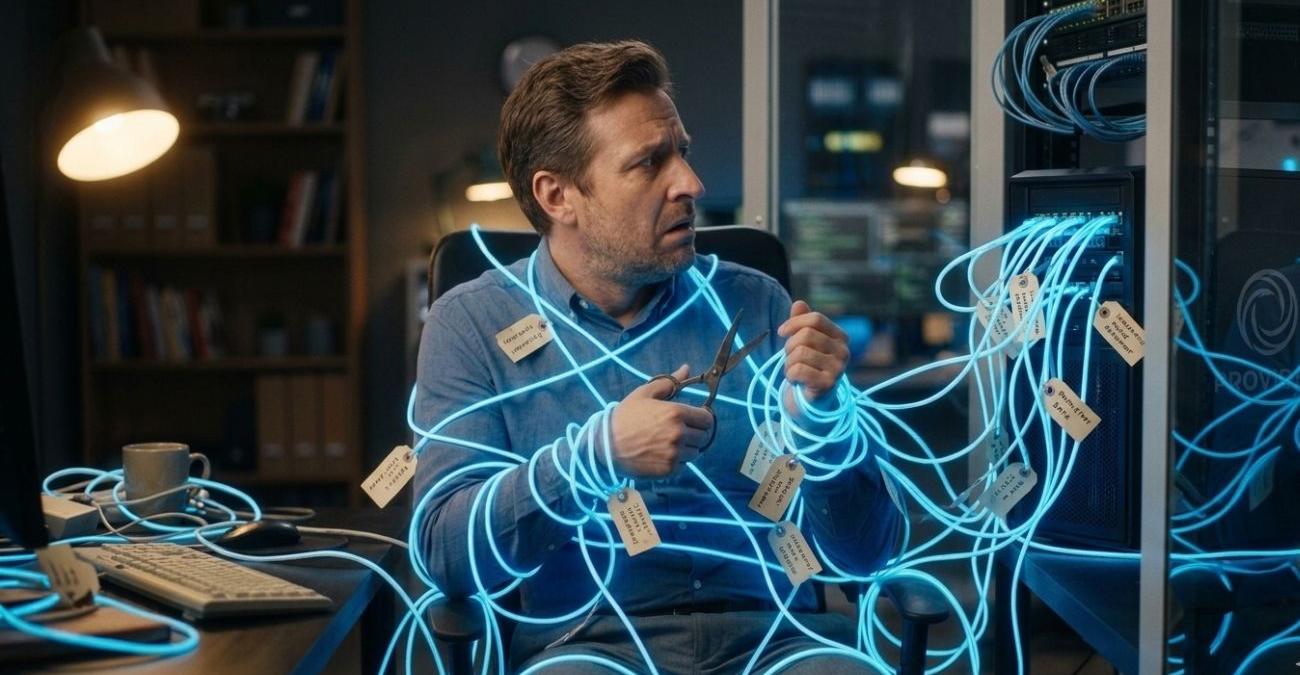 Ein Mann sitzt auf einem Schreibtischstuhl in seinem Büro. Hinter ihm steht ein PC, aus dem glühende Kabel herausragen, die ihn umschlingen und fesseln. Beispielhaft dafür, warum man ein Vendor Lock-in vermeiden sollte.