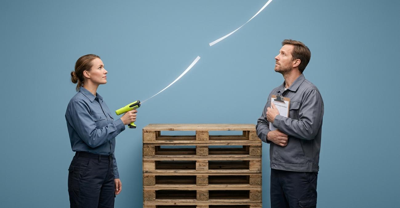 Eine Lagermitarbeiterin mit gelbgrünem Handscanner und ein Kollege mit Klemmbrett sehen einem Lichtband nach, das aus dem Scanner nach oben führt und auf halber Höhe durchtrennt ist, während das obere Stück frei in der Luft hängt, ein Symbolbild dafür, dass beim Cloud-WMS die Ware unverändert im Lager steht und nur die Buchung sie nicht mehr erreicht.