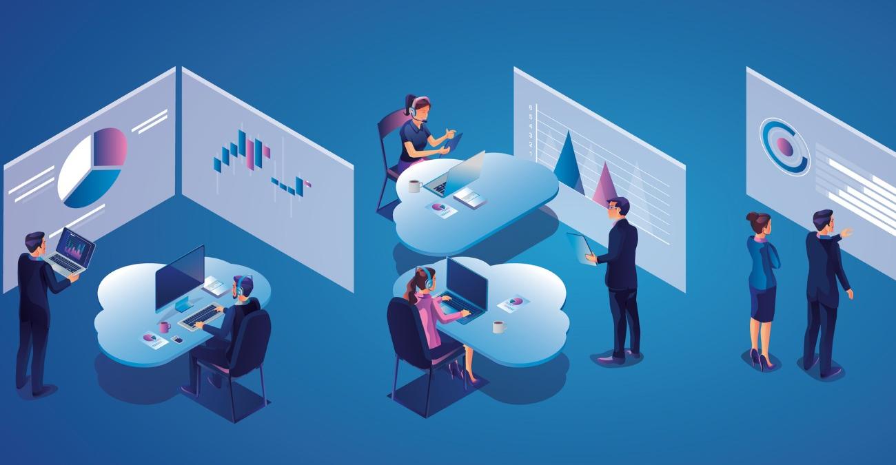 Eine bunte Grafik: Stilisierte Menschen im Büro sitzen an wolkenförmigen Schreibtischen mit Headsets auf dem Kopf. Getrennt durch Bürowände, auf denen moderne Flipcharts abgebildet sind. Zur Abbildung eines Workflow Management System
