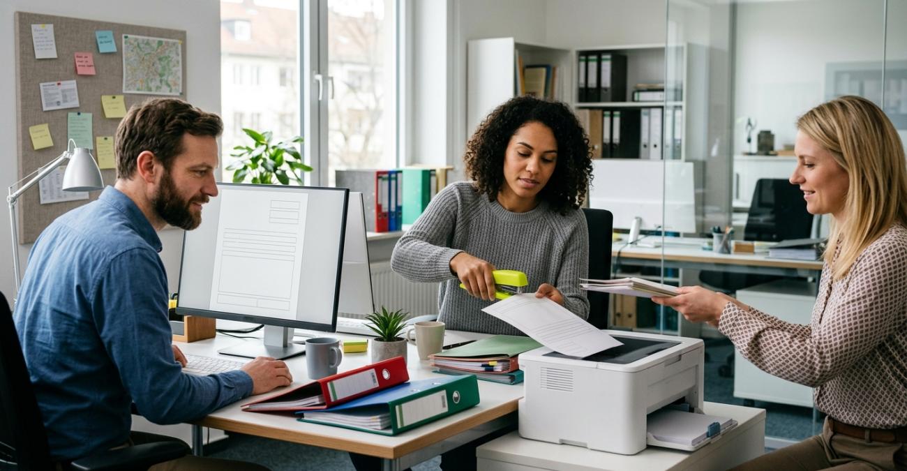 Drei Personen in einem hellen Verwaltungsbüro: eine Person arbeitet am Monitor mit einer Formularansicht, daneben heftet eine zweite ein frisch gedrucktes Blatt mit einem gelbgrünen Hefter zusammen, eine dritte reicht den nächsten Stapel an. Sinnbild dafür, dass eine XRechnung ankommt und trotzdem in Papier zurückverwandelt wird.