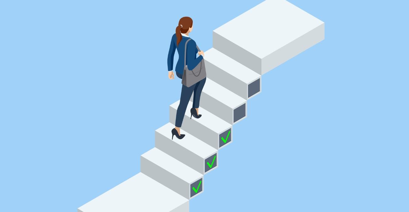 Eine rudimentäre Grafik: Hellblauer Hintergund.Eine Frau im Business Look mit Handtasche geht eine weiße Treppe hinauf. Bereits erklommene Treppenstufen sind mit einem grünen Häkchen gekennzeichnet. Ein Symbolbild für ein Zugangssteuerungskonzept nach NIS-2