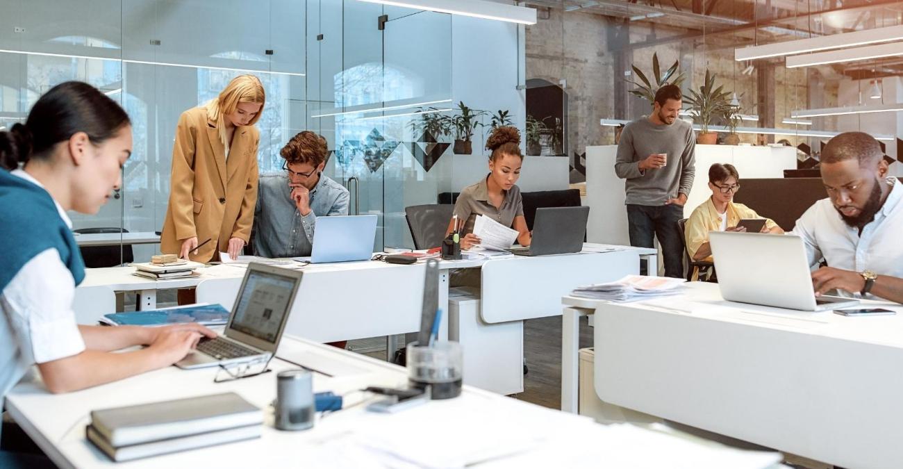 Ein Team sitzt in einem Großraumbüro an Laptops und arbeitet mit einer Intranet Lösung.