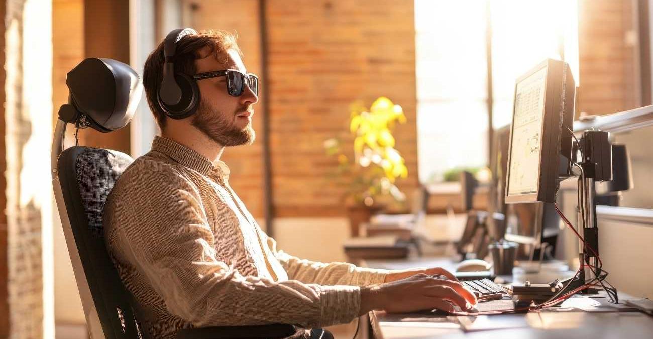 Ein junger blinder Mann sitzt mit einer Sonnenbrille vor seinem PC. Er profitiert davon wenn Unternehmen eine barrierefreie Website erstellen lassen.