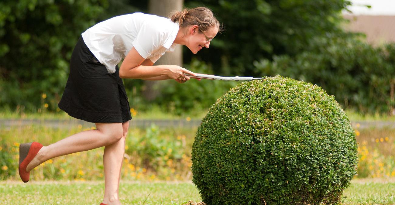 Eine überdreht wirkende Frau stutzt einen Buxbaum mit einer Heckenschere. Symbolbild für die Arbeit an guter Softwarequalität.