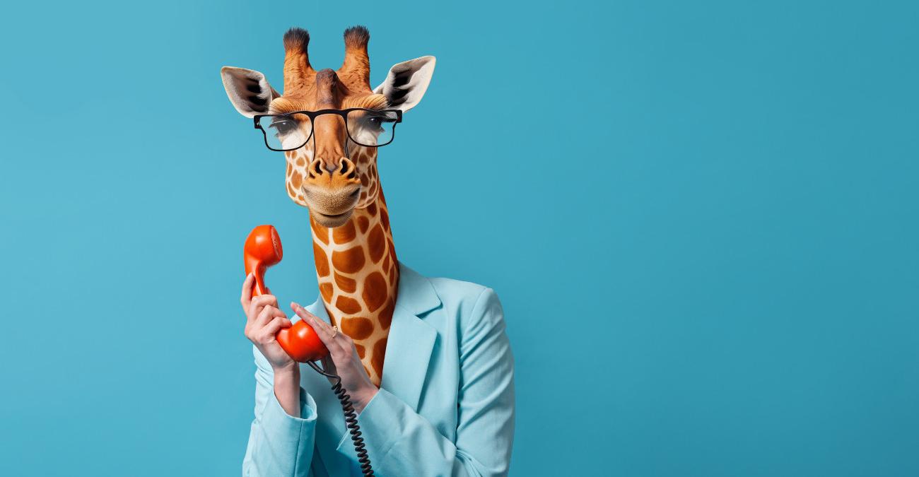 Eine Giraffe im Business-Outfit. Sie telefoniert und bietet Application Support.