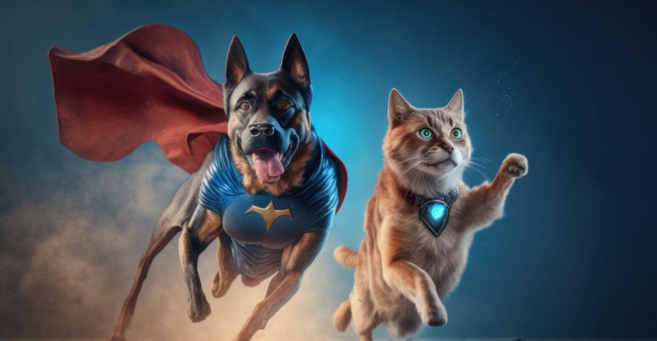 Ein animiertes Bild zeigt Katze und Hund in Superhelden-Kostümen. Symbolbild für Cyber Security Consulting und IT Security Consulting.