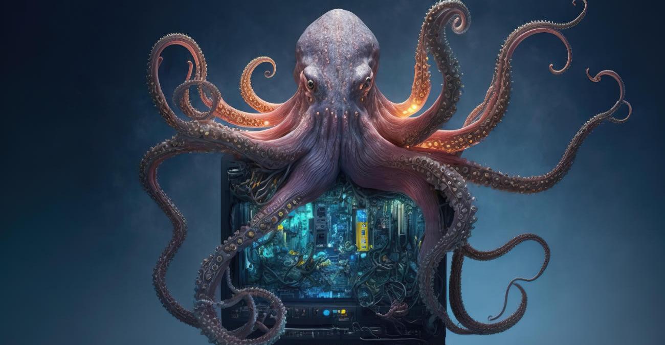 Ein Octopus sitzt auf einem PC-Bildschirm. Seine acht Arme symbolisieren die vielen Aufgaben im Website Management.