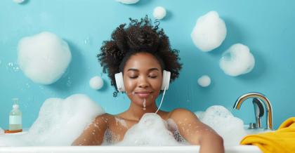 Eine junge Frau in der Badewanne. Sie lächelt beim Podcasts hören.