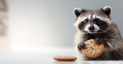 Ein Waschbär hat einen Keks in der Hand. Er schaut verschmitzt in die Kamera. Ein Symolbild für Cookie Banner.