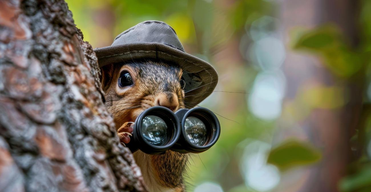 Ein Eichhörnchen mit Hut und Fernglas. Es lugt hinter einem Baum hervor und will Mitarbeiter überwachen.