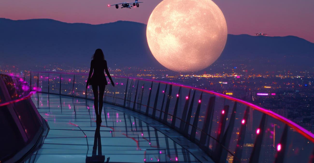 Nachthimmel einer Großstadt. Vollmond leuchtet. Eine junge Frau geht über eine Brücke und beobachtet eine Drohnen-Lichtshow.