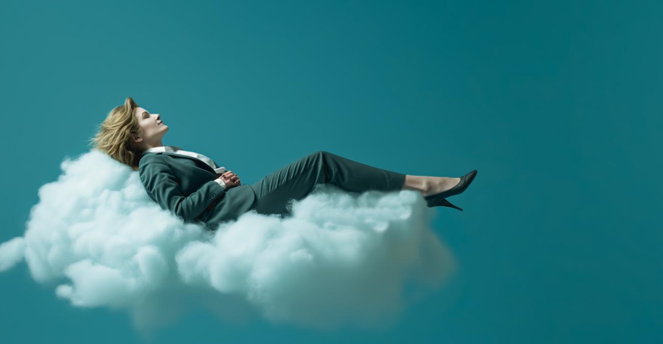 Eine Frau im Business-Outfit liegt auf einer Wolke. Sie träumt von der guten Cloud-Infrastruktur ihrer Firma.