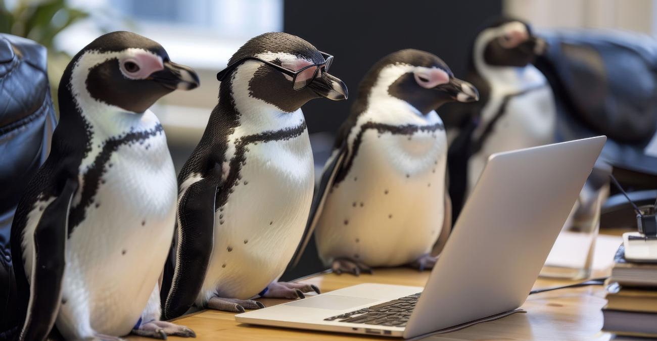 Pinguine stehen vor einem Notebook und betreiben Website Maintenance.