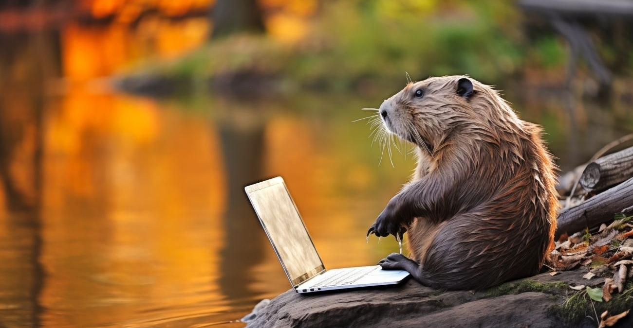 Ein Biber sitzt am Fluss mit einem Notebook. Er will dort eine sichere IT-Infrastruktur aufbauen.