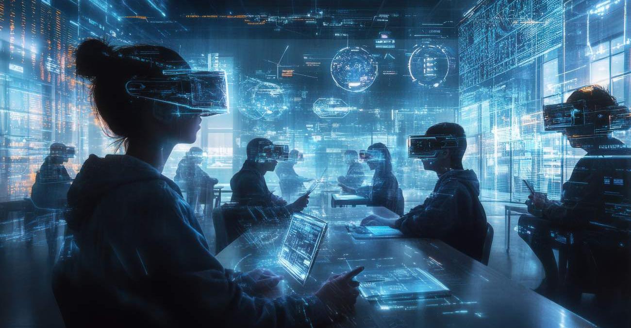 Ein futuristisches Bild. Durch das Office schweben Hologramme. Mitarbeiterinnen tragen Cyberbrillen. Sie betreiben moderne Computing Services.