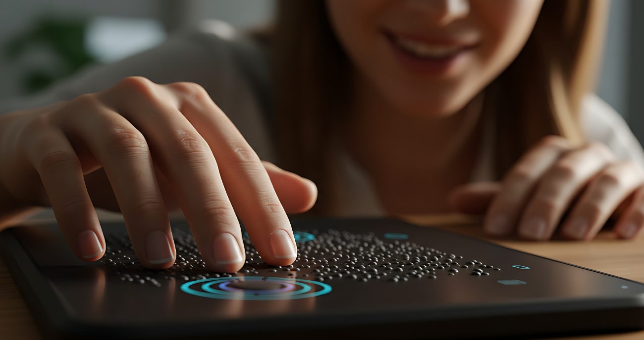 Detailbild. Eine junge blinde Frau bedient ein modernes Brailleschrift-Touchpad. So bietet das neue Webdesign Barrierefreiheit und Schnittstellen für assistive Technologien.