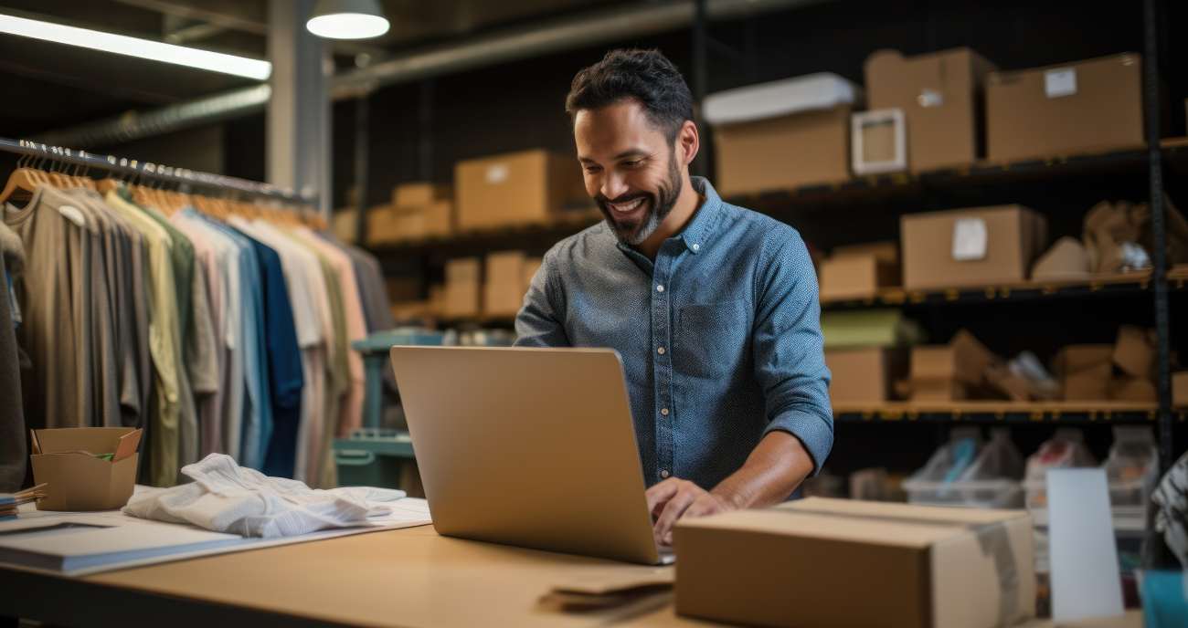 Ein prall gefülltes Lager. Am Vordergrund steht gutgelaunt der Chef des Unternehmens. Er will einen Internetshop gründen.