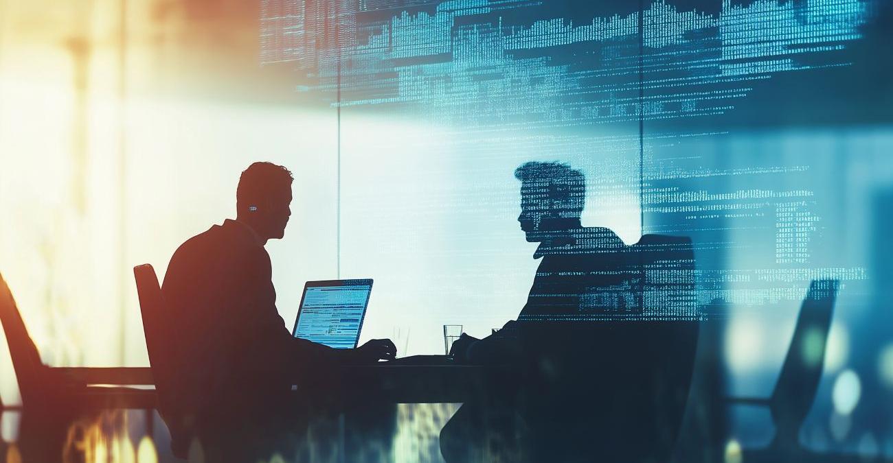 Ein Futuristisches Büro. Zwei Männer sitzen sich am Tisch gegenüber. Man sieht nur schemenhaft ihre Schatten. Sie arbeiten an einer IT-Wartung mit Kubernetes.