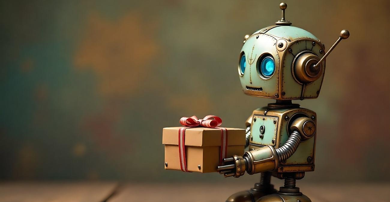Ein kleiner Roboter liefert ein Paket aus, das per ChatGPT Online Shopping geordert wurde.