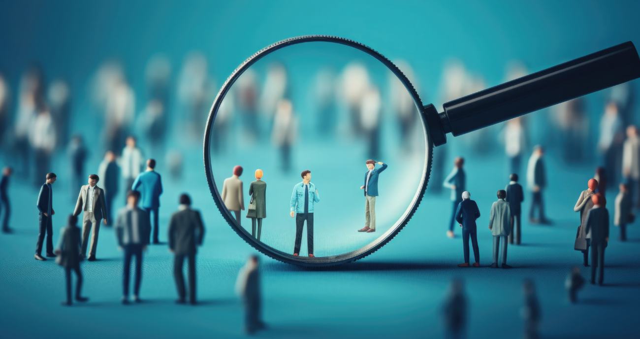 Ein animiertes Bild in einer Totalansicht. Menschen im Business Dress stehen auf einer großen blauen Fläche. Eine Lupe zeigt auf eine einzelne Person. Sie wurde durch KI im Recruiting ausgewählt.