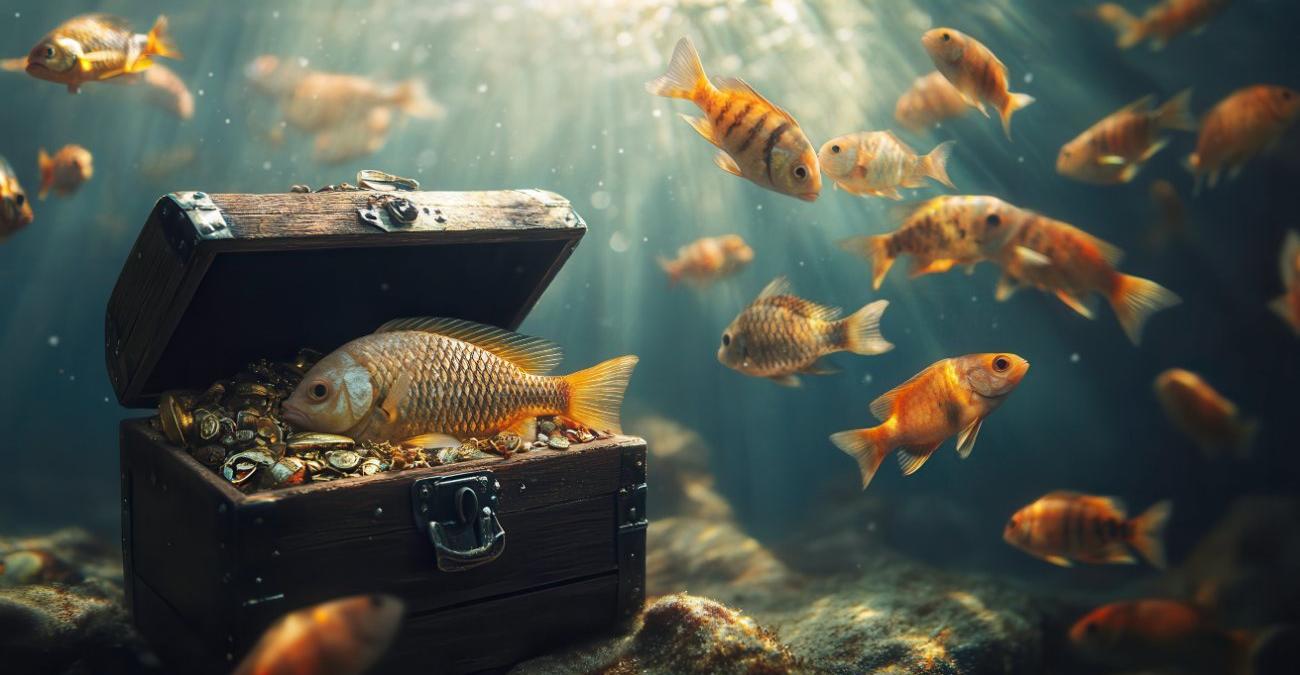 Im Innern eines Aquariums: Eine offene Schatzkiste voller Gold. Ein Fisch schwimmt neugierig hinein. Ein Symbolbild für die Story vom Casino, dass durch ein Aquarium gehackt wurde. Der Thermostat war dabei als IoT-Gerät das Einfallstor.