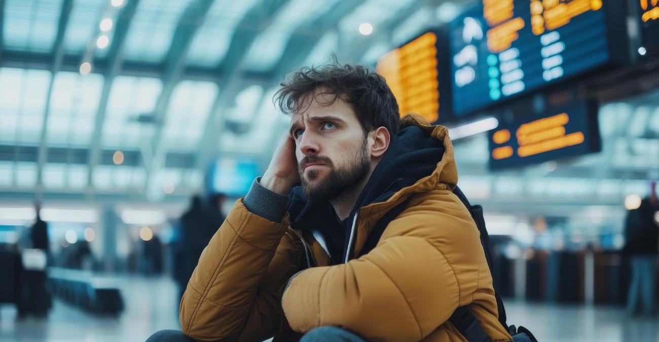 Ein junger Mann sitzt genervt in der Abfertigungshalle des BER. Er muss warten. Es hat einen Cyberangriff auf den Flughafen gegeben.