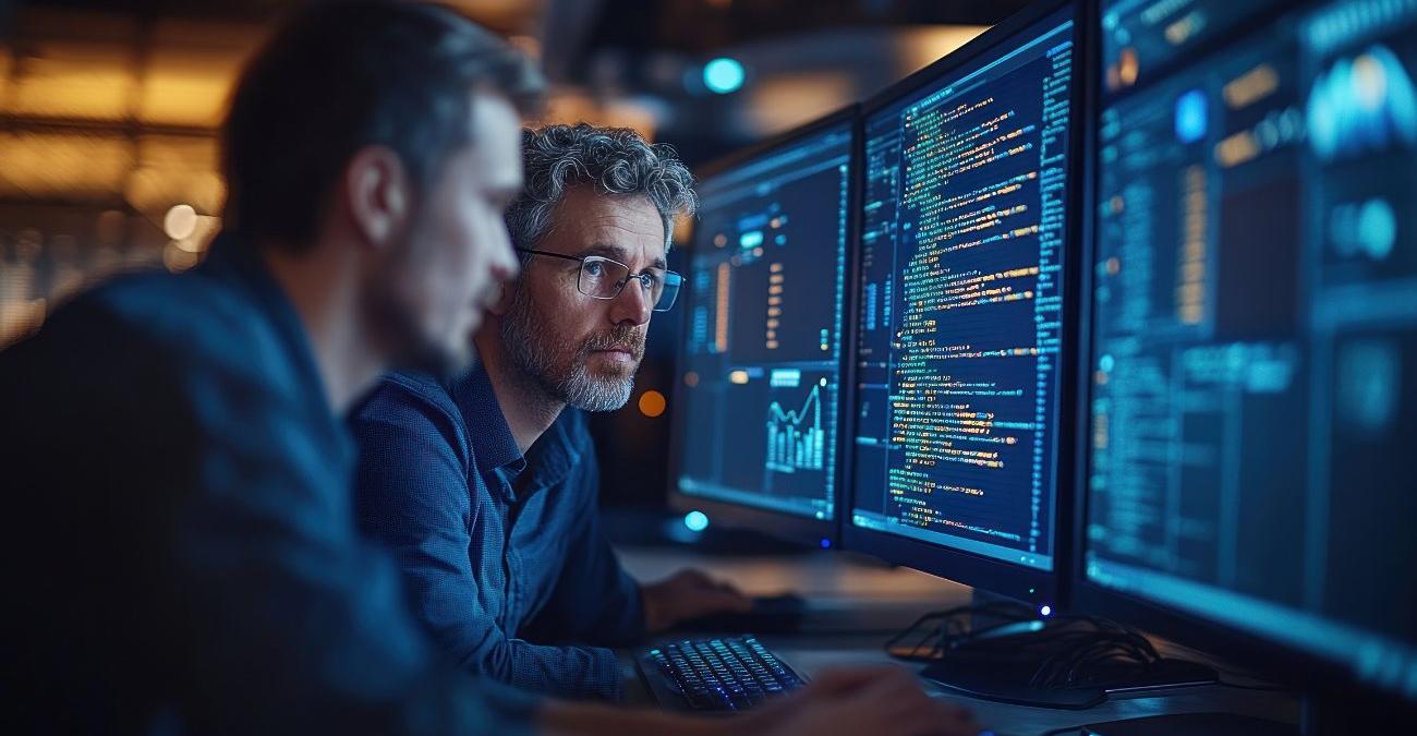 Zwei Programmierer sitzen mit ernsthaften Minen vor einem großen Bildschirmen und arbeiten an einem Hotifx.