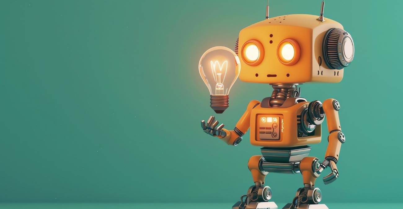 Ein kleiner glänzender Roboter hält eine leuchtende Glühbirne. Er hat KI-SEO mit llms.txt für sich entdeckt.