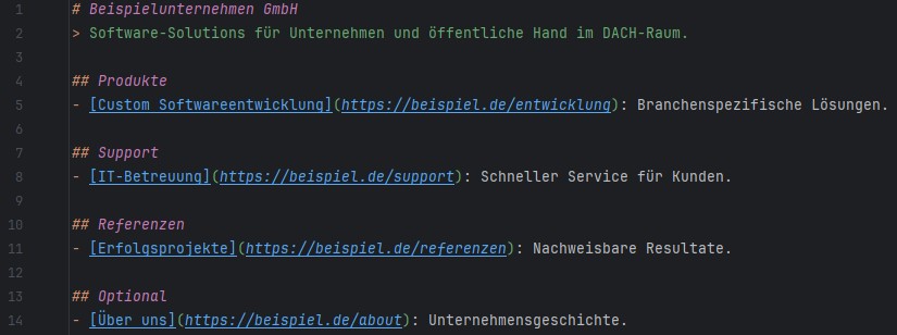 Beispielcode für llms.txt.