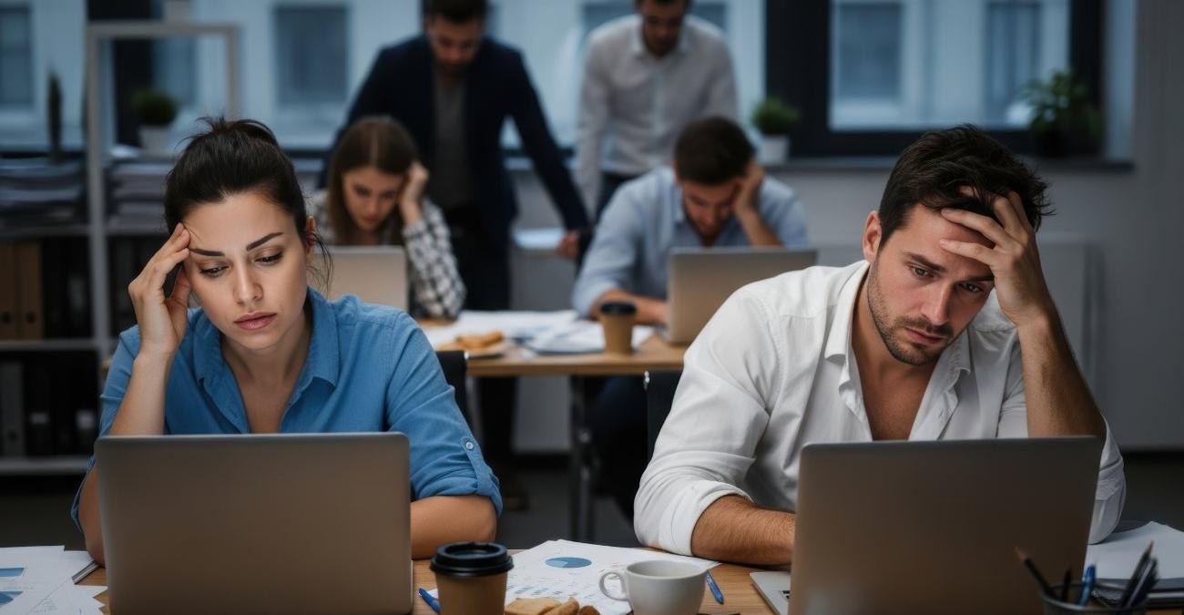 Mehrere Mitarbeitende einer Webagentur sitzen genervt vor ihren Notebooks. Sie leiden unter nicht funktionierender Protestware.