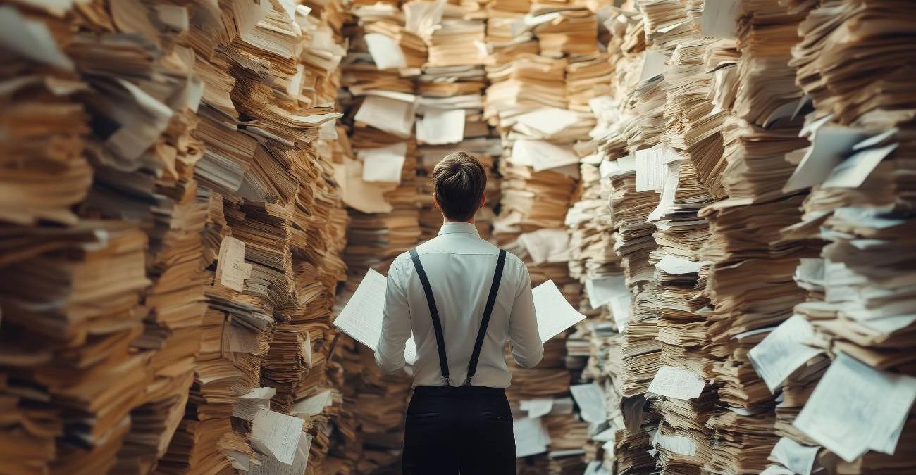 Riesige Stapel alter Dokumente füllen den Raum. Ein Mann im Anzug steht rücklings davor. Er muss das Archiv digitalisieren und weiß nicht, wo er anfangen soll.