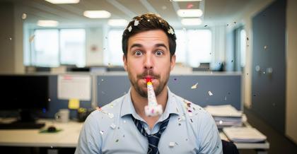 Ein junger Mann bläst eine Tröte in einer Büroumgebung. Er feiert ausgelassen die Zertifizierung nach ISO-27001.