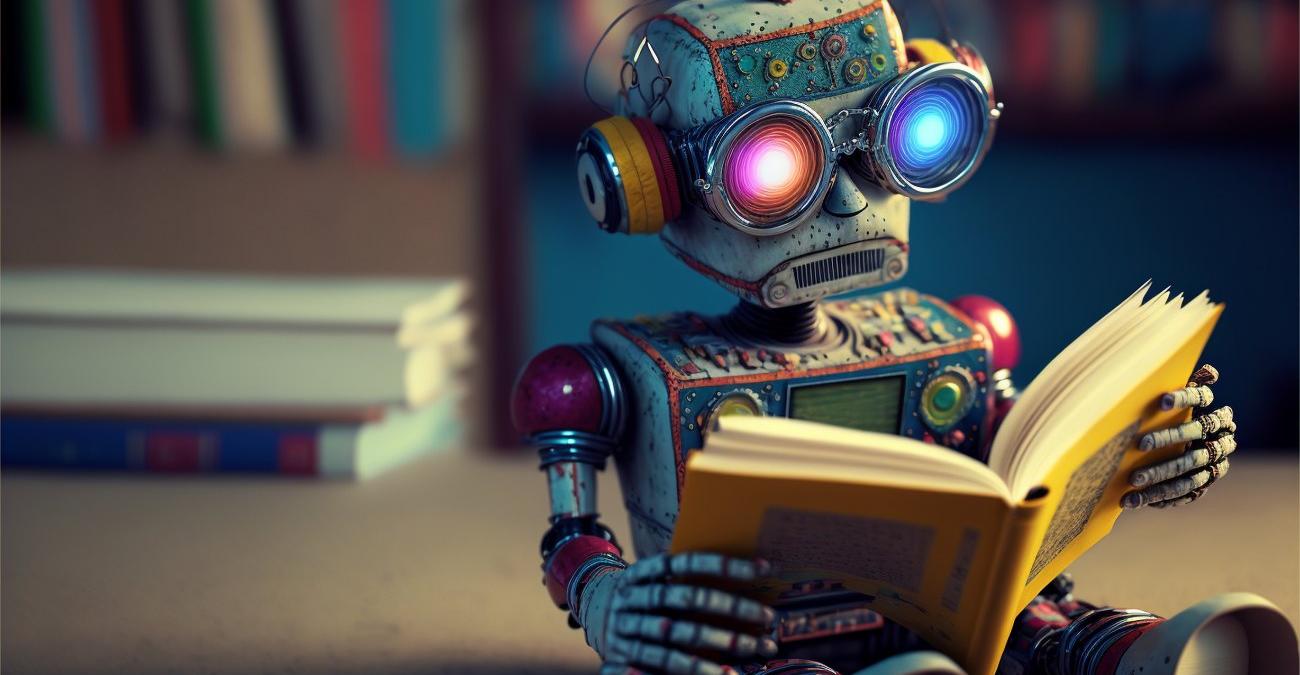 Ein bunter Roboter sitzt vor einem Bücherregal und liest ein Buch über die Programmierung mit dem Zend-Framework.