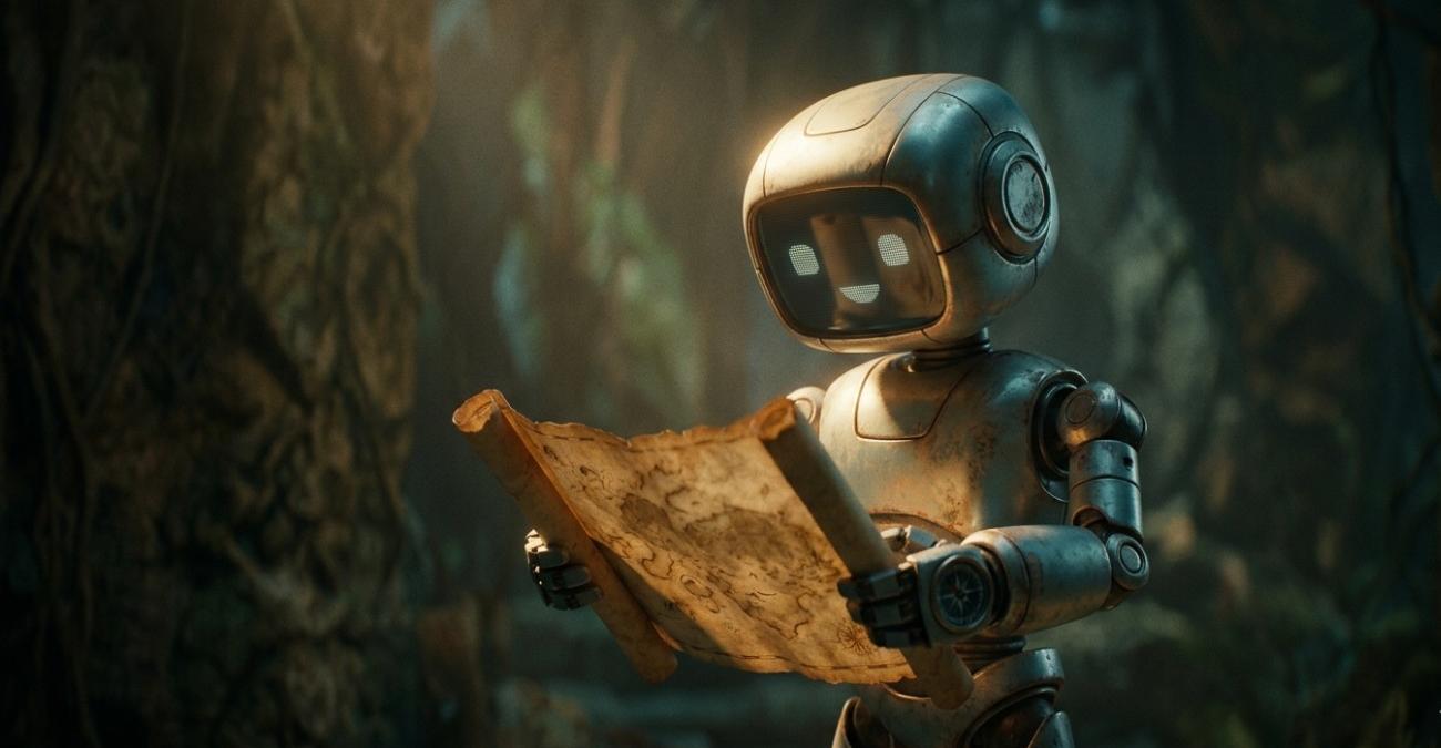 Ein kleiner, niedlicher Roboter hält eine antike Schatzkarte und sucht in einer dunklen Höhle mit magischem Licht nach dem richtigen Weg – ein Symbolbild für CMDB Mapping.