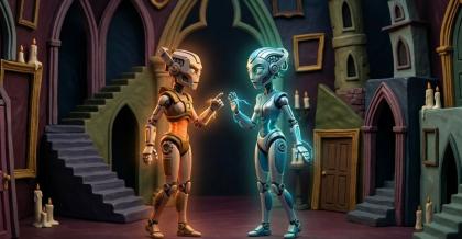 Knetanimationsszene von zwei Robotern, die sich in einer dunklen, kunstvollen gotischen Umgebung gegenüberstehen. Der Roboter auf der linken Seite ist messingfarben und leuchtet orange, während der Roboter auf der rechten Seite silbern ist und blau leuchtet, was eine Begegnung zwischen einem AI-Modell und einer ChatGPT-Alternative darstellt.