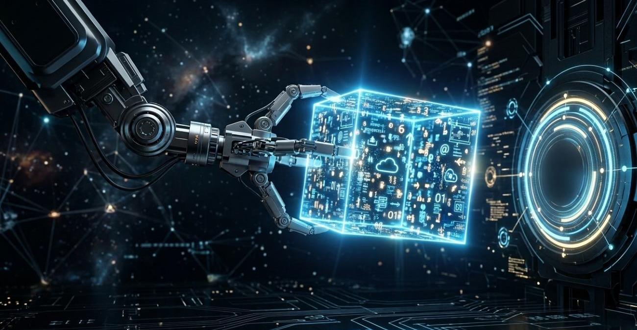 Futuristische Daten werden von einem Roboter-Arm zwischen zwei Systemen übertragen. Ein Symbolbild für Datenportabilität.