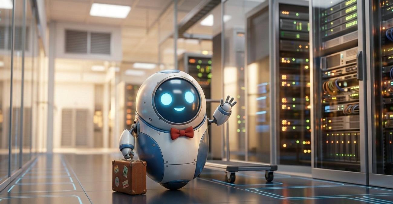 Ein kleiner, putziger Roboter im Pixar-Stil mit roter Fliege winkt zum Abschied und hält einen Reisekoffer in einem modernen Rechenzentrum – eine symbolische Darstellung für eine gelungene Exit-Strategie in der Software-Betreuung.