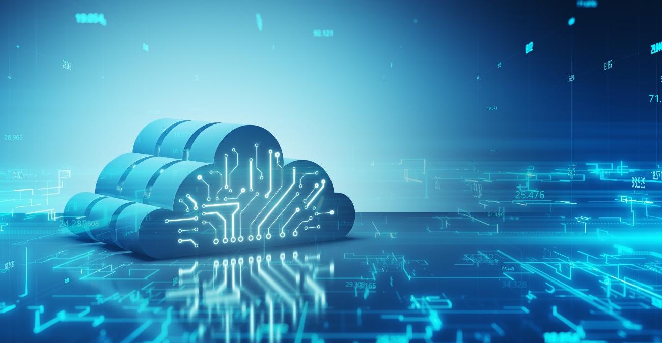 Eine 3-D-Grafik digitalen Cloud-Symbol mit Schaltkreisstruktur auf abstraktem dunkelblauem, technologischen Matrix-Hintergrund. Symbolisch für Gaia-x.